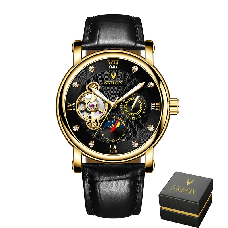 Luksuriøst mekanisk armbåndsur til mænd med automatisk urværk fra et førende mærke, udstyret med tourbillon, månefase og diamanter – et elegant armbåndsur.