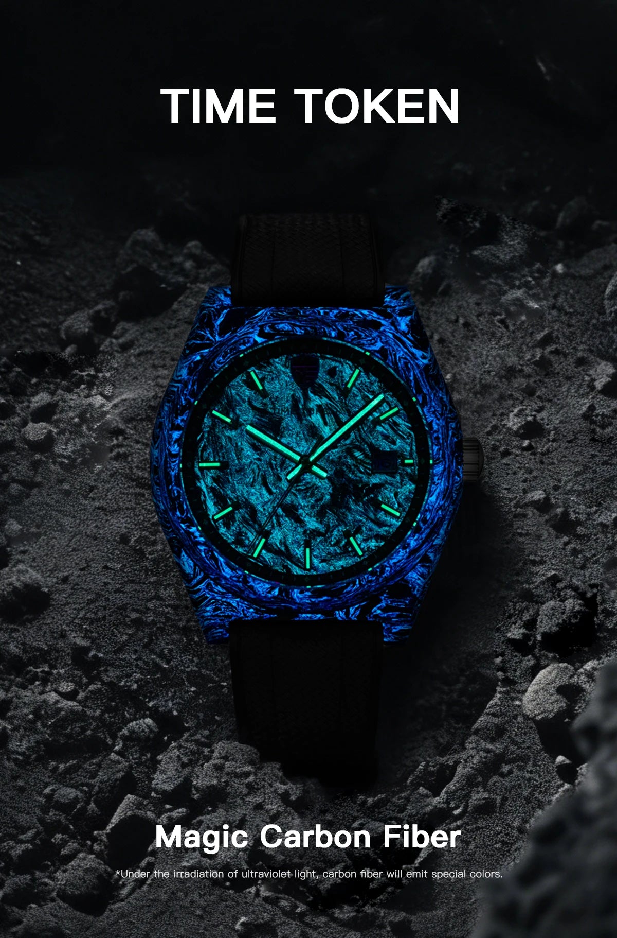 TIME TOKEN  Limited Edition 41mm Luminous Magic Carbon Fiber Men's Automatic Mechanical Watches Calendar Miyota8215 Movement
