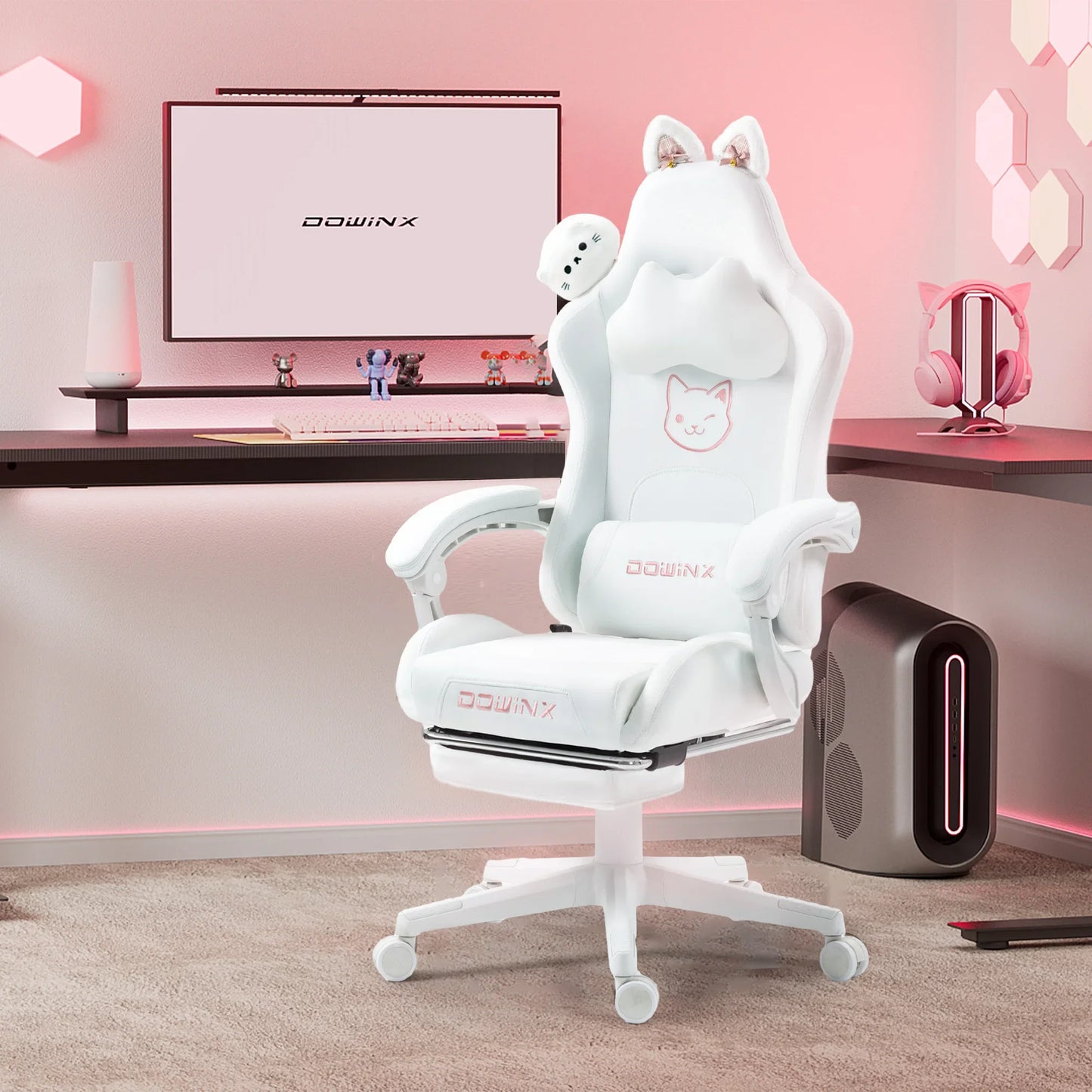 Cute Gaming Chair with Cat Ears, Pink Kawaii Ergonomic Gamer Chair with Footrest, Cat Paw Lumbar Support, High Back Computer Gaming Chair