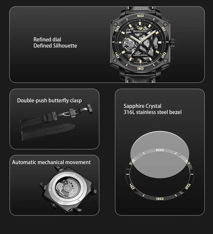 BORIAGE(BOAIJIUA) Men's Fully Automatic Mechanical Watch Original Design Cut out 50m Water Resistant Luminous Wristwatch