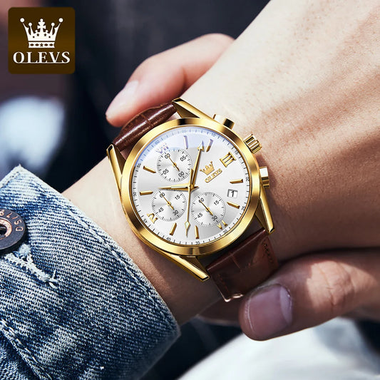 OLEVS 2872 Herren-Chronographen-Armbanduhr – Lederarmband, wasserdicht, Leuchtzeiger, Quarzwerk, luxuriöser Sportstil
