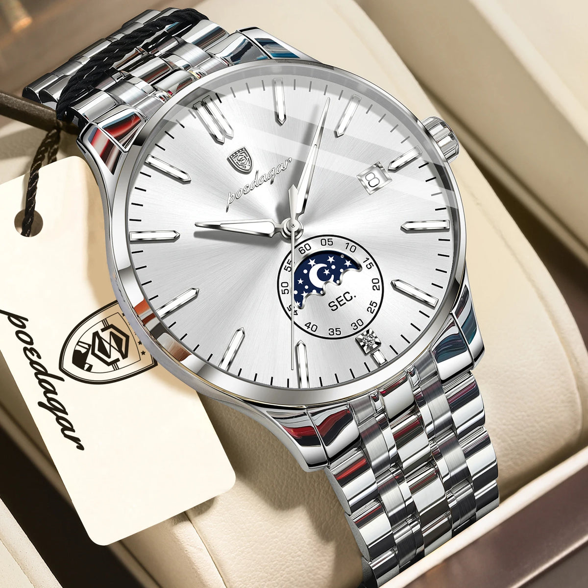 Relógio de luxo para homem POEDAGAR, estilo casual, em aço inoxidável, com movimento de quartzo, à prova de água, luminoso, com data, elegante.