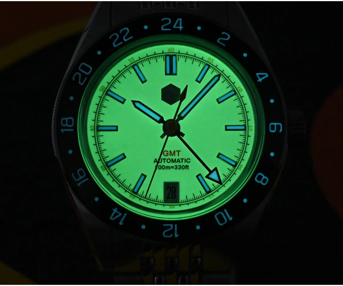 Relógio Automático Masculino San Martin 39.5mm Edição Limitada com Mostrador Full Lume NH34 GMT 6H Data 10Bar Luxo Kol Saati SN0116W