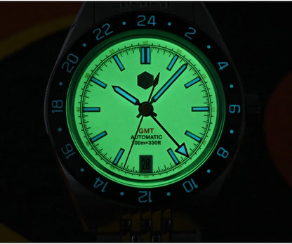 Relógio Automático Masculino San Martin 39.5mm Edição Limitada com Mostrador Full Lume NH34 GMT 6H Data 10Bar Luxo Kol Saati SN0116W