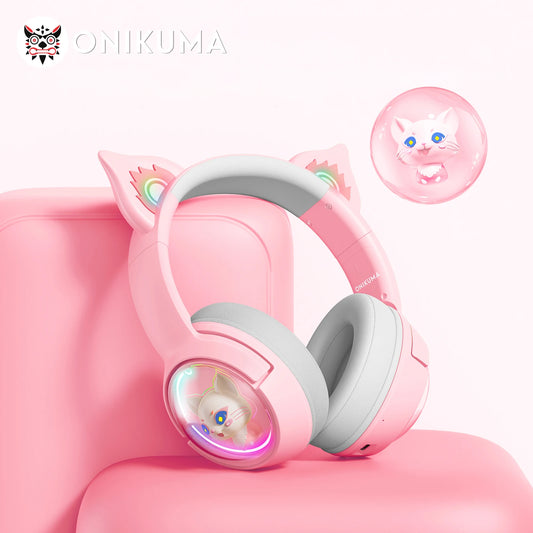 ONIKUMA B5 Wireless Gaming Headset with Cat Ears, Surround Sound Over-Ear Headphones with Microphone for PC, Laptop & Gaming