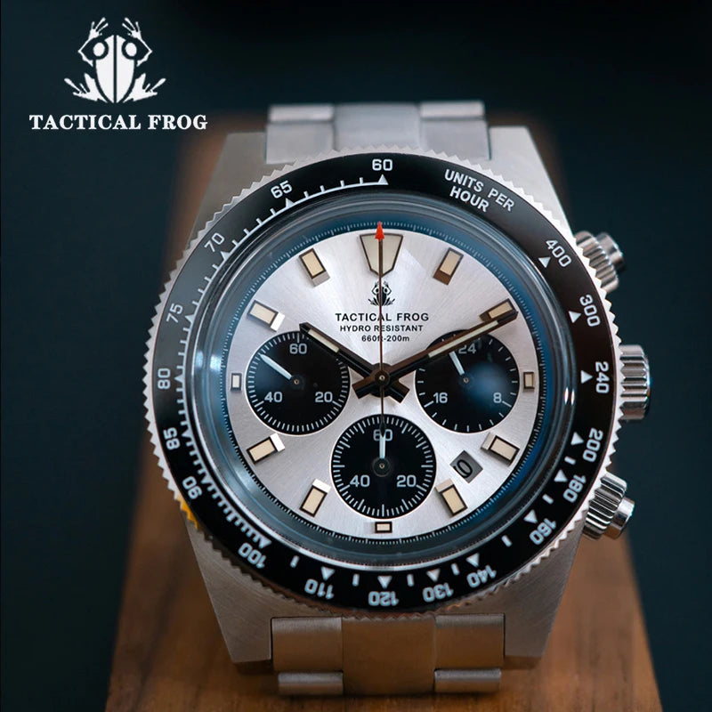 Relógio cronógrafo masculino Tactical Frog de 41mm, movimento Solar Quartz VS75, resistente à água, safira, luminosidade verde C3, relógio de pulso de quartzo