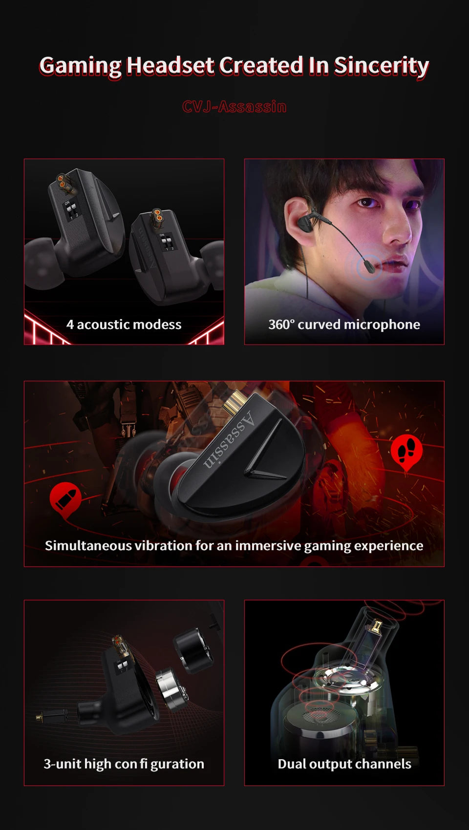 CVJ Assassin Hybrid Gaming Earphones 1DD+1BA Vibration Driver Wired HiFi Headphones with Mic, Type-C & 3.5mm In-Ear Gaming Earphones for E-Sports