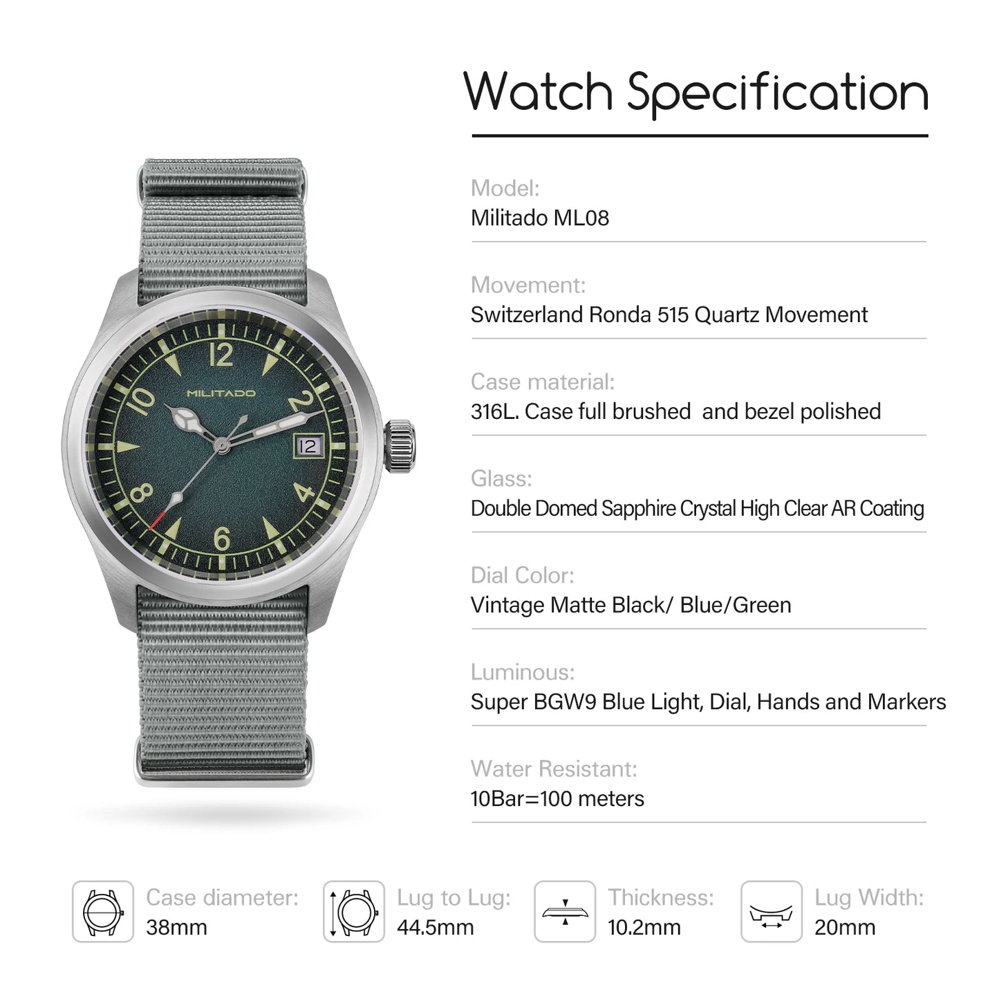 Militado ML08 Switzerland Ronda 515 Quartz Movement Double Sapphire Crystal  BGW9 Luminous 10Bar Waterproof 38mm Vintage Watch