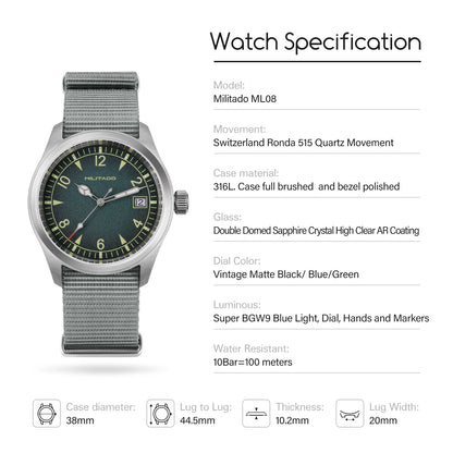 Militado ML08 Switzerland Ronda 515 Quartz Movement Double Sapphire Crystal  BGW9 Luminous 10Bar Waterproof 38mm Vintage Watch