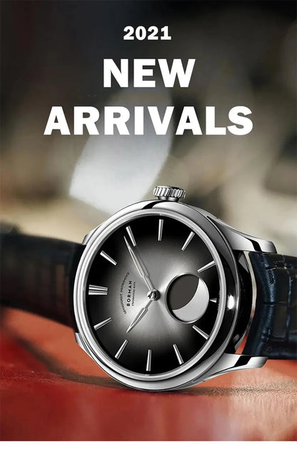 BORMAN 41.5mm 5ATM Waterproof Mechanical Watches Moon Phase Luxury Designer Men Dress Automatic Wristwatch