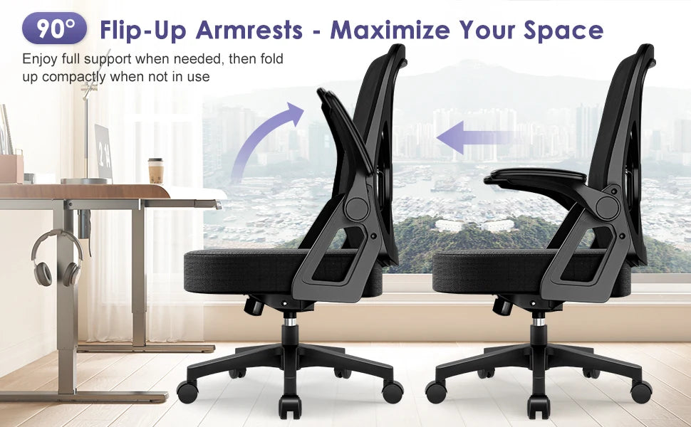 AUTHMIC Ergonomic Office Chair with Lumbar Support, Mesh Back, Flip-Up Armrests, Adjustable Height, Reclining Desk Chair for Home Office