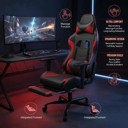 Massage Gaming Chair with Footrest Black and Red 66X56X120.5-131 cm in Imitation Leather, Reclining 360° Swivel Chair Maximum 110 kg