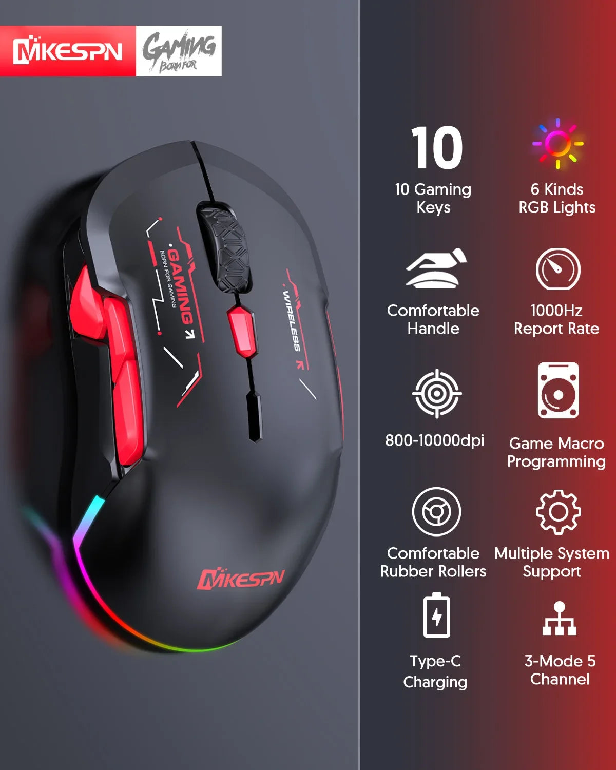 Mouse gaming macro MKESPN W12 cu 10 butoane, ambidextru, wireless Bluetooth, multicanal, tri-mode, ergonomic, RGB mare