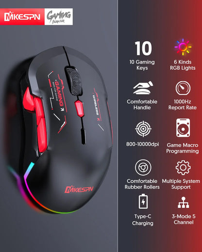 Mouse gaming macro MKESPN W12 cu 10 butoane, ambidextru, wireless Bluetooth, multicanal, tri-mode, ergonomic, RGB mare