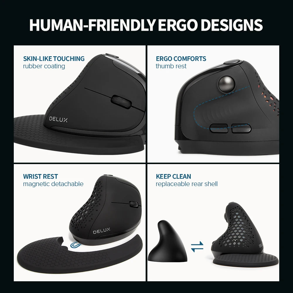 DELUX M618XSD Ergonomic Vertical Mouse with OLED Screen, 4000 DPI, Rechargeable 1000mAh Battery, Wireless & Wired Computer Mouse