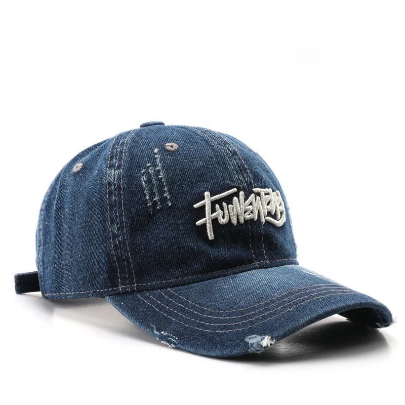 Japanese Retro Washed Denim Letter Embroidered Cap Outdoor Sports Mens Travel Sun Hat Baseball Cap Classic Versatile Comfortable