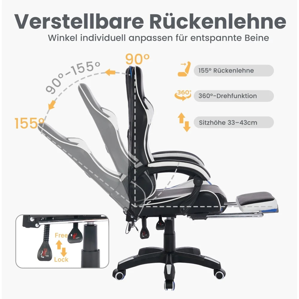 360° Swivel Ergonomic Racing Design Gaming Chair Leather High Back Office Chair Height Adjustable Task Chair, Black & White