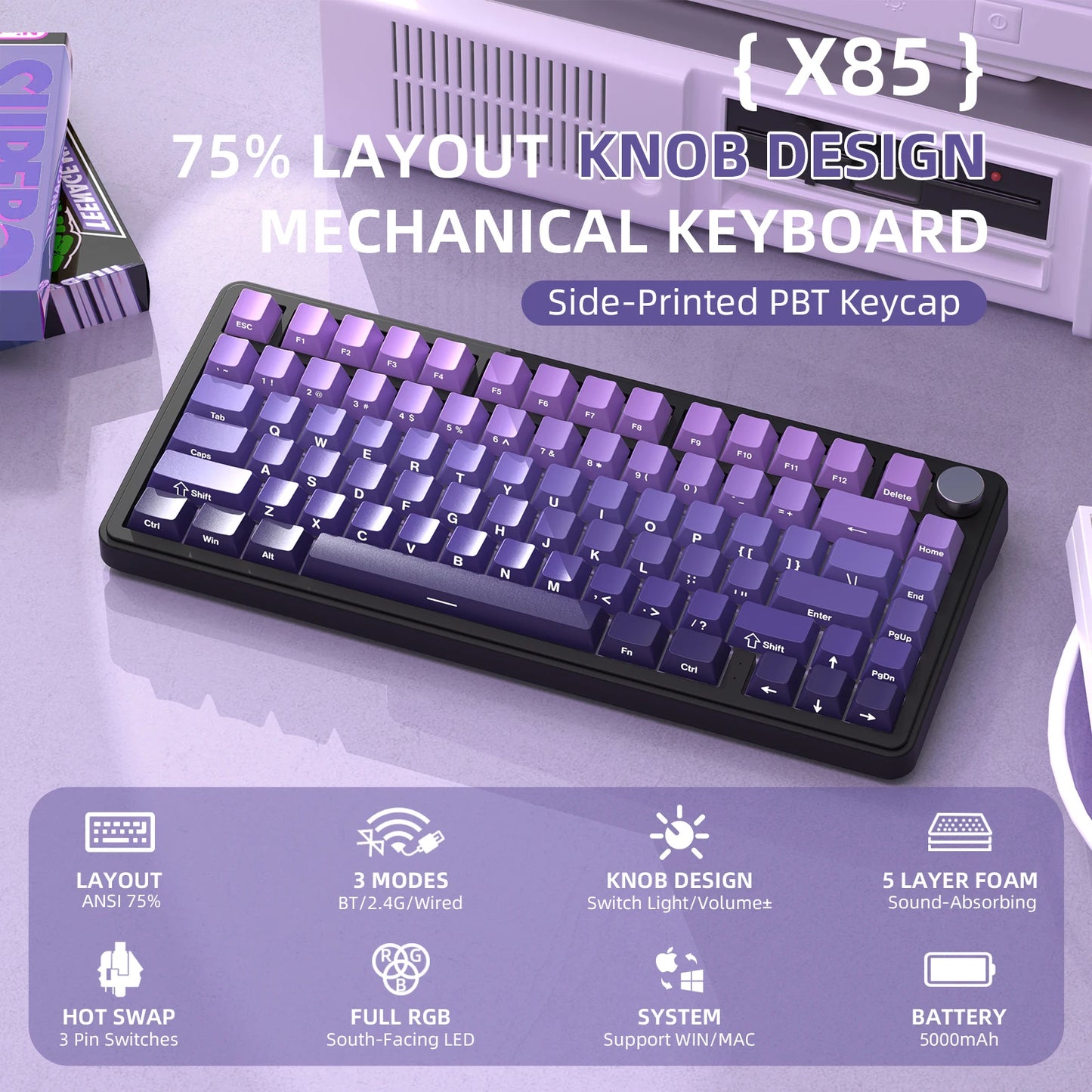 ATTACK SHARK X85 Tri-Mode Gasket Mechanical Keyboard 75% Wireless Hot Swappable RGB Gaming Keyboard with CNC Knob, 5-Layer Sound Dampening & NKRO