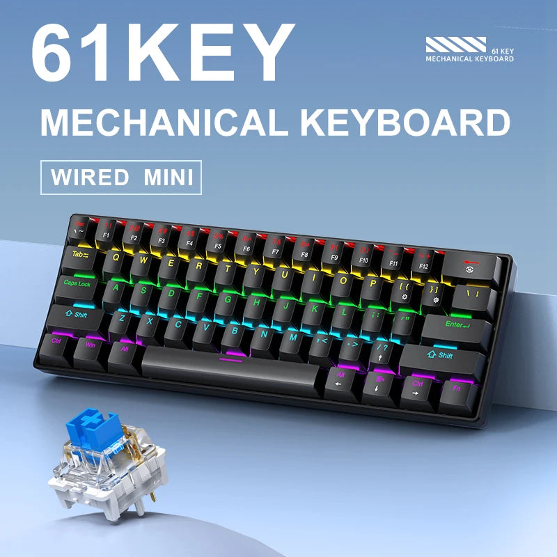 APAYADO K61 60% мини жична механична гейминг клавиатура Phantom RGB, 61 клавиша, Red/Blue Switch, ергономична, преносима за PC/лаптоп