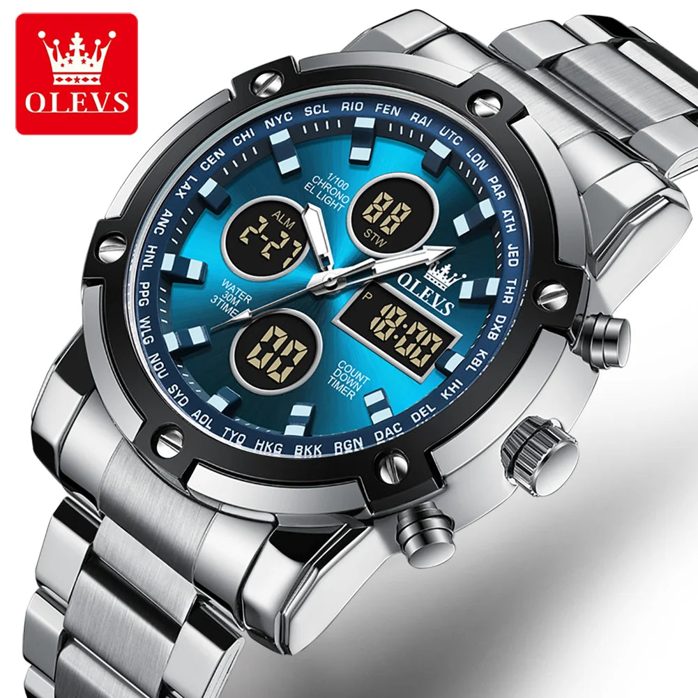 OLEVS Men’s Watch – Water-resistant stainless steel quartz wristwatch with LED display – Sporty and trendy style (model 1106)