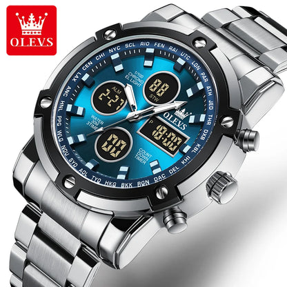OLEVS Men’s Watch – Water-resistant stainless steel quartz wristwatch with LED display – Sporty and trendy style (model 1106)