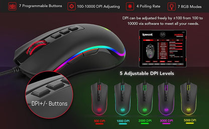 Redragon M711 PC Gaming Mice Wired Mouse 7 Programmable Buttons Customizable RGB 10,000 DPI Ergonomic Mouse